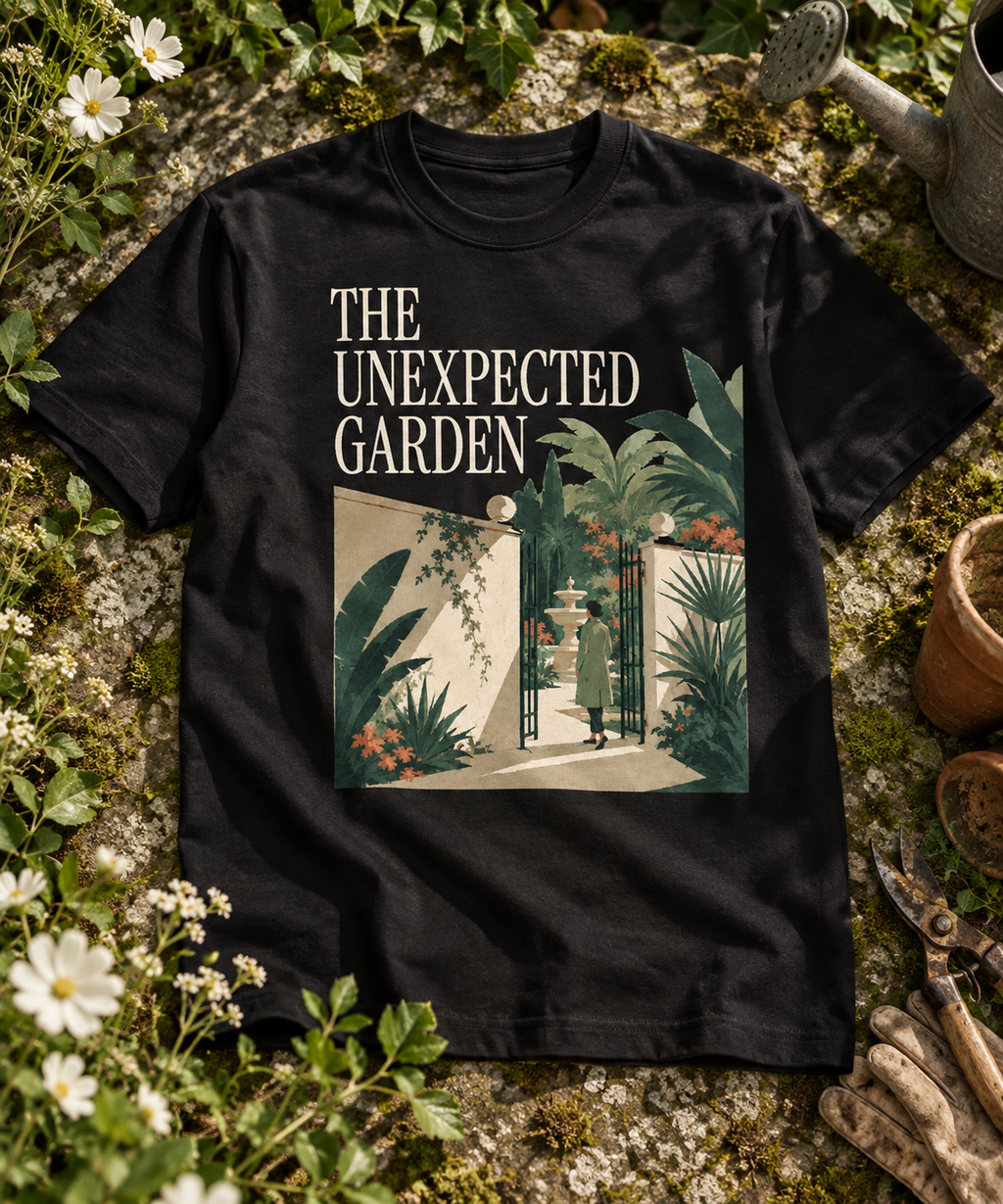 The Unexpected Garden — Light T-shirt with the front artwork on a contextual background. Daily Elsewhere.