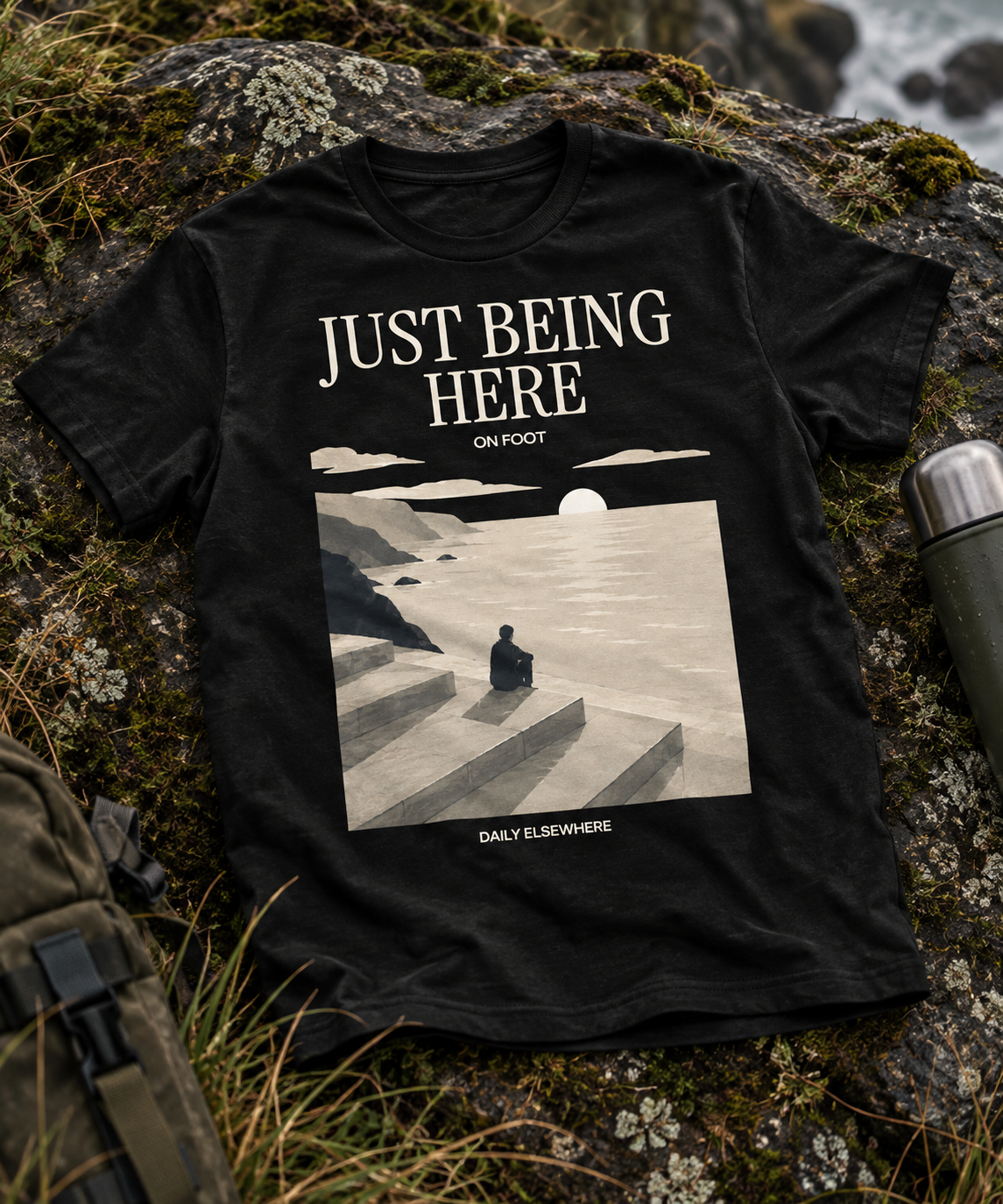 Just Being Here — Male model wearing a dark T-shirt with light front artwork. Daily Elsewhere.