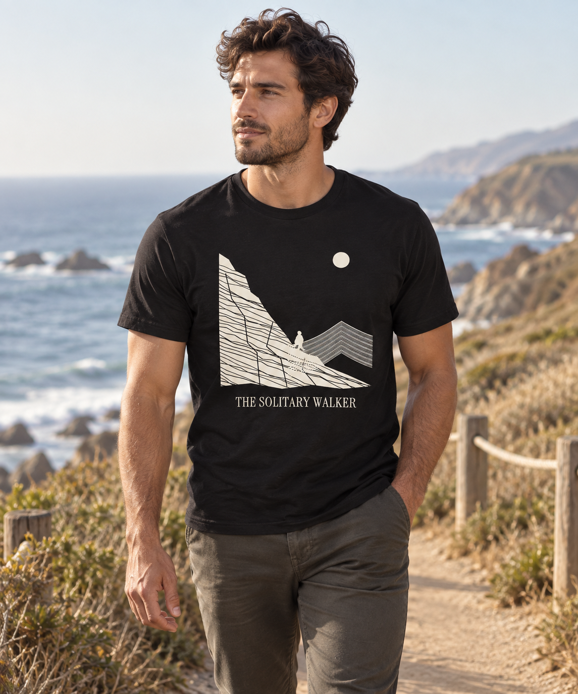 The Solitary Walker — Female model wearing a dark T-shirt with light front artwork. Daily Elsewhere.