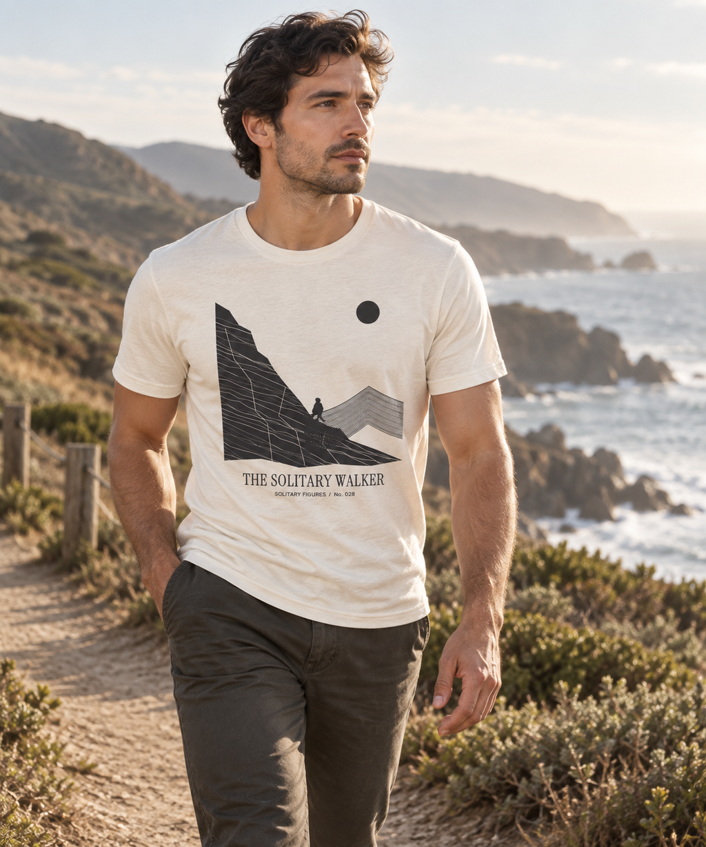 The Solitary Walker — Female model wearing a light T-shirt with the front artwork. Daily Elsewhere.
