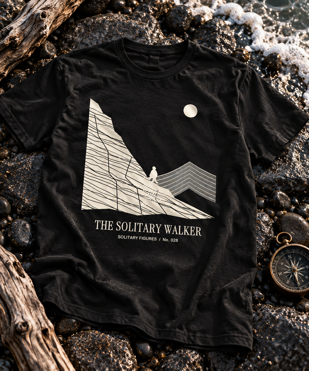 The Solitary Walker — Male model wearing a dark T-shirt with light front artwork. Daily Elsewhere.
