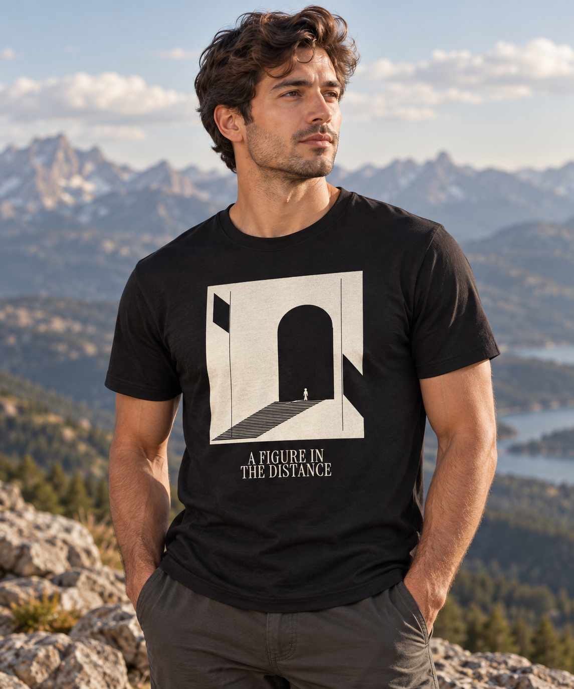 A Figure in the Distance — Female model wearing a light T-shirt with the front artwork. Daily Elsewhere.