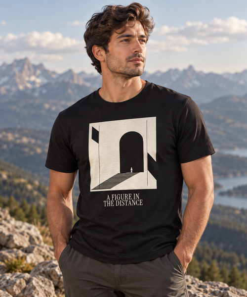 A Figure in the Distance — Female model wearing a light T-shirt with the front artwork. Daily Elsewhere.