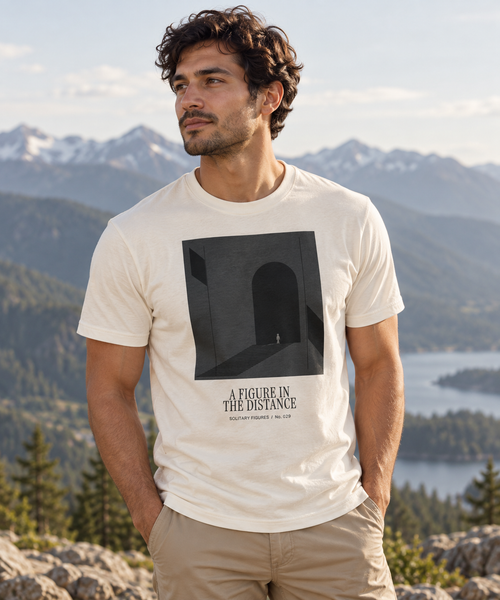 A Figure in the Distance — Male model wearing a light T-shirt with the front artwork. Daily Elsewhere.