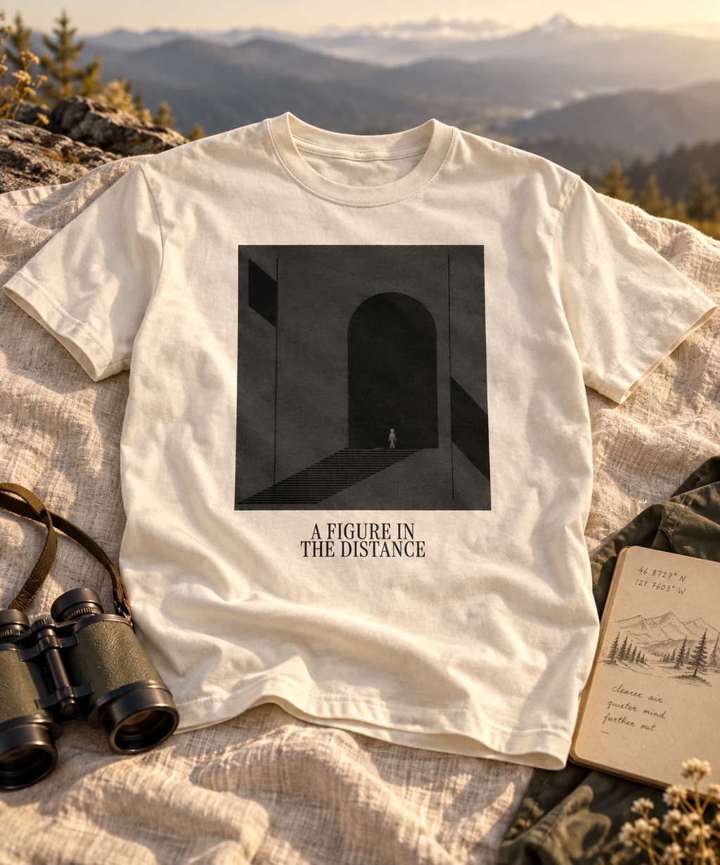 A Figure in the Distance — Light T-shirt with the front artwork on a contextual background. Daily Elsewhere.