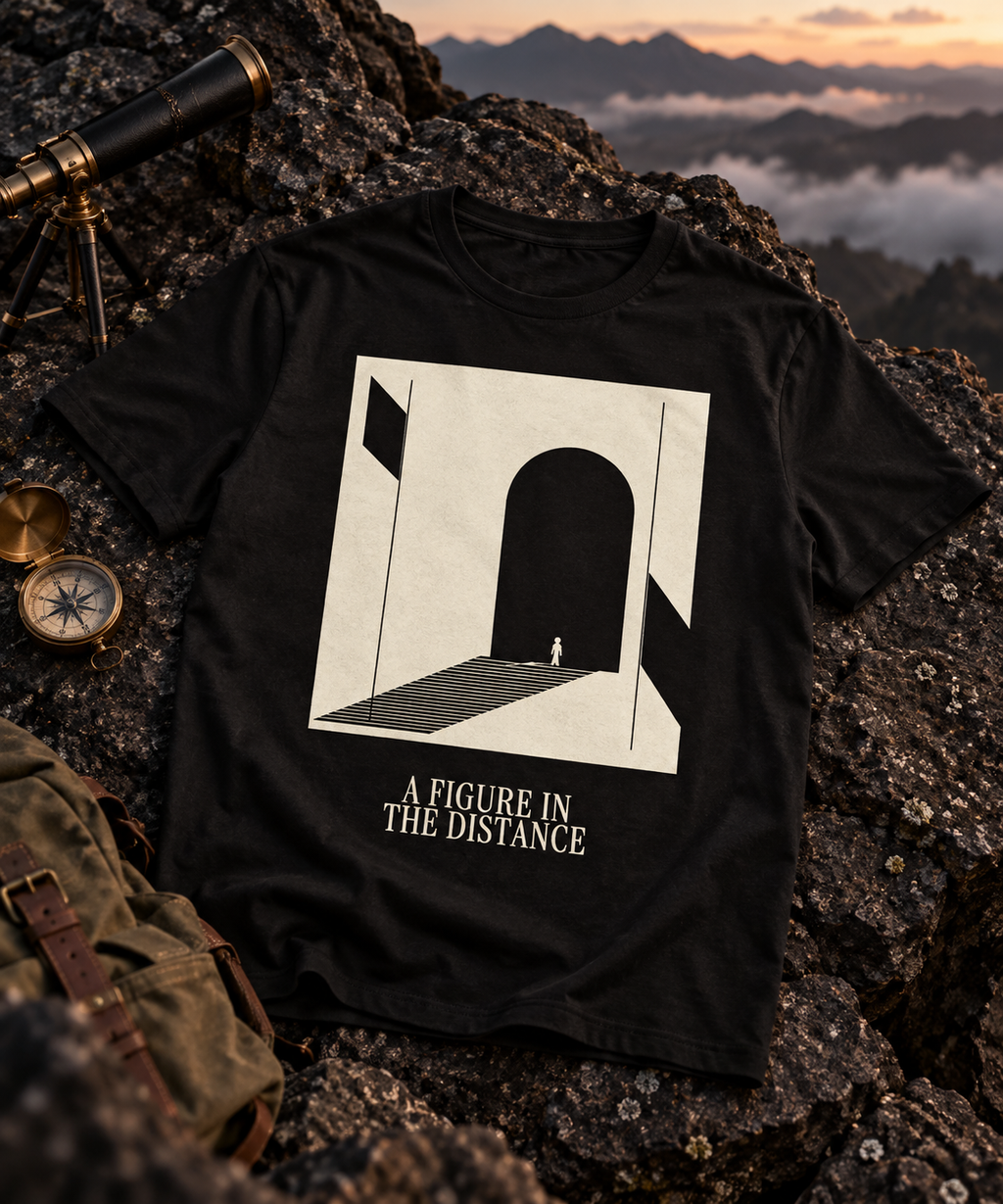 A Figure in the Distance — Female model wearing a dark T-shirt with light front artwork. Daily Elsewhere.