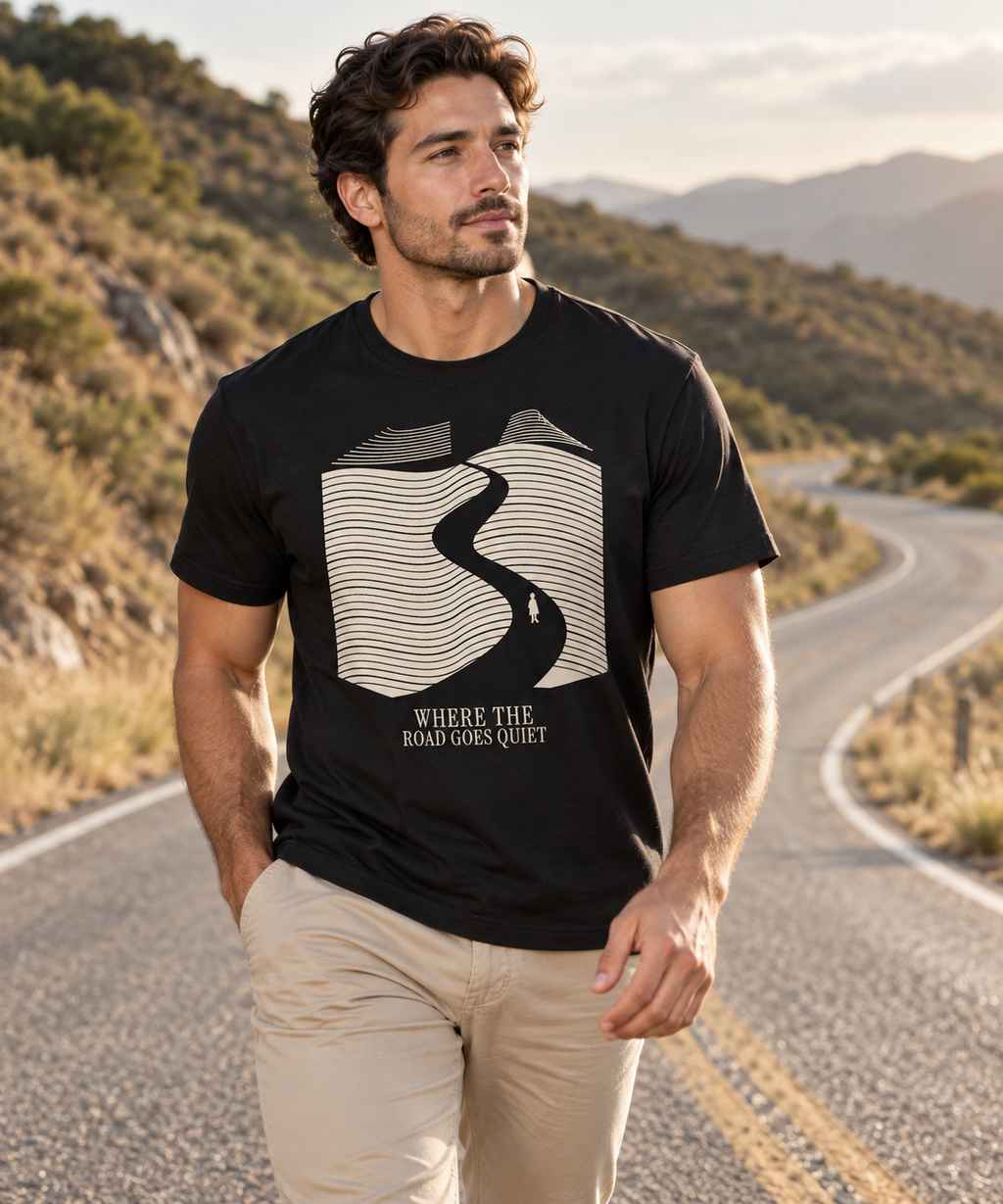 Where the Road Goes Quiet — Female model wearing a light T-shirt with the front artwork. Daily Elsewhere.