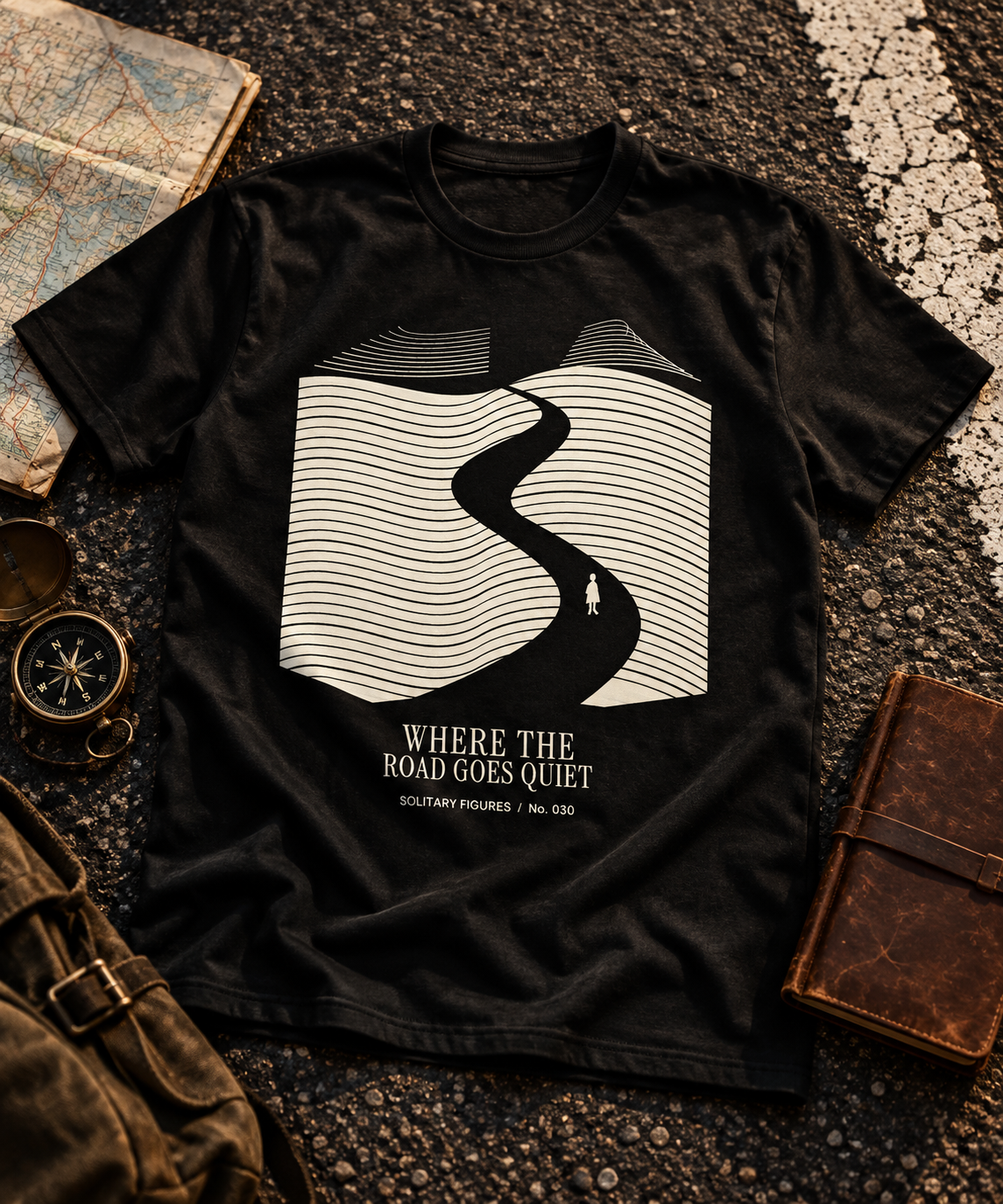 Where the Road Goes Quiet — Light T-shirt with the front artwork on a contextual background. Daily Elsewhere.