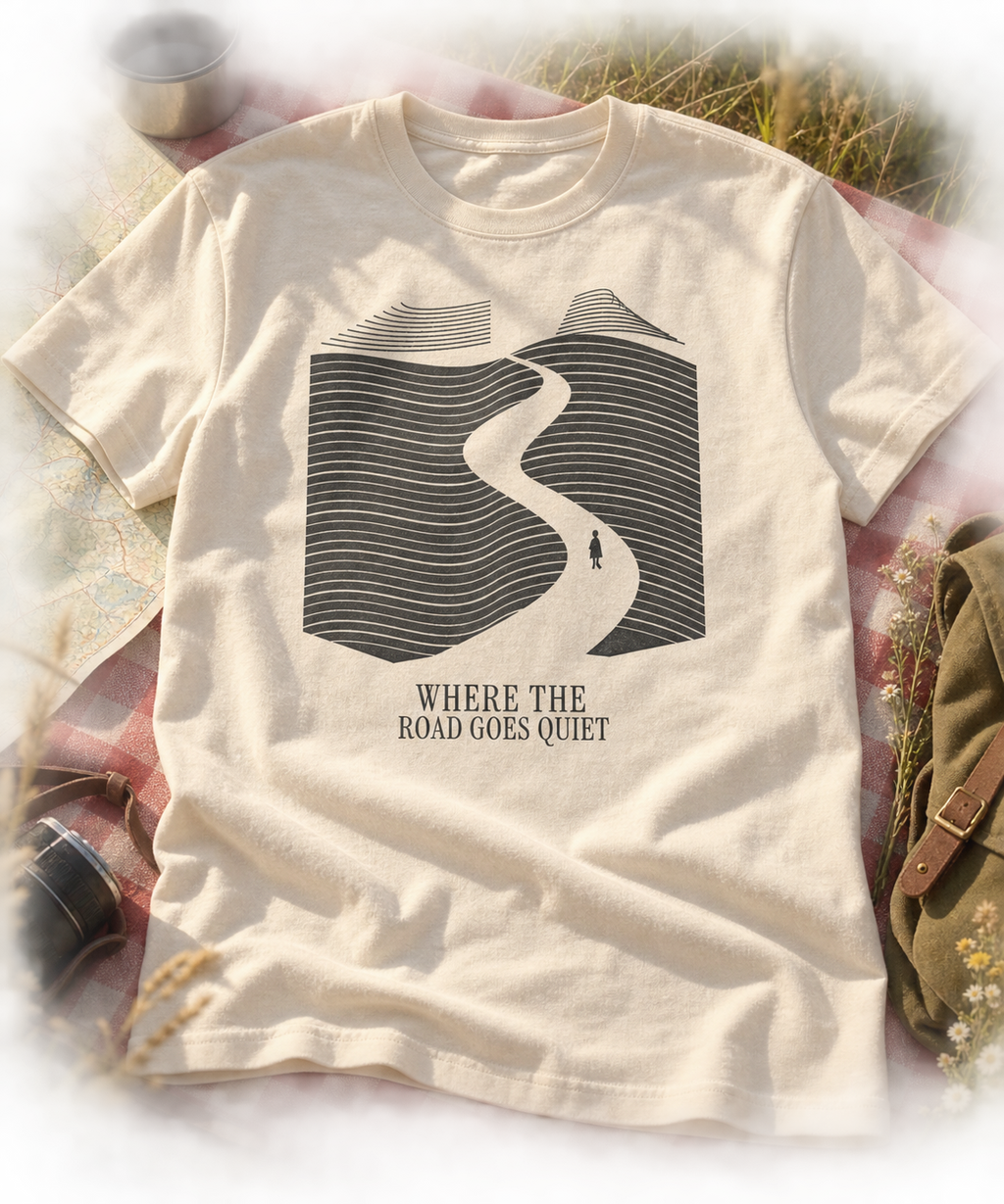 Where the Road Goes Quiet — Dark T-shirt with light front artwork on a contextual background. Daily Elsewhere.