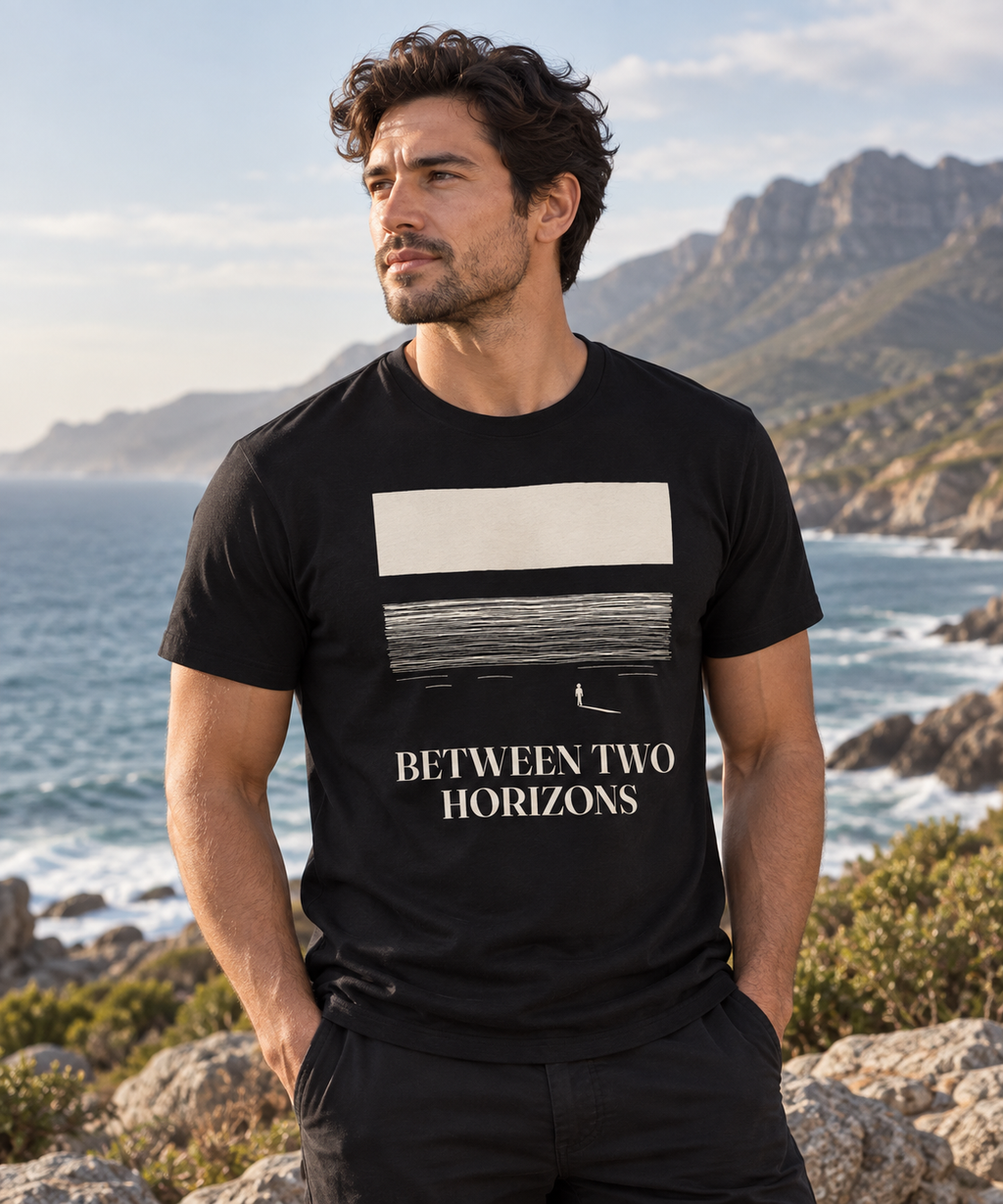 Between Two Horizons — Dark T-shirt with light front artwork on a contextual background. Daily Elsewhere.