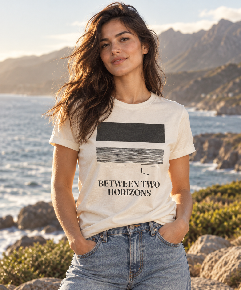 Between Two Horizons — Female model wearing a light T-shirt with the front artwork. Daily Elsewhere.