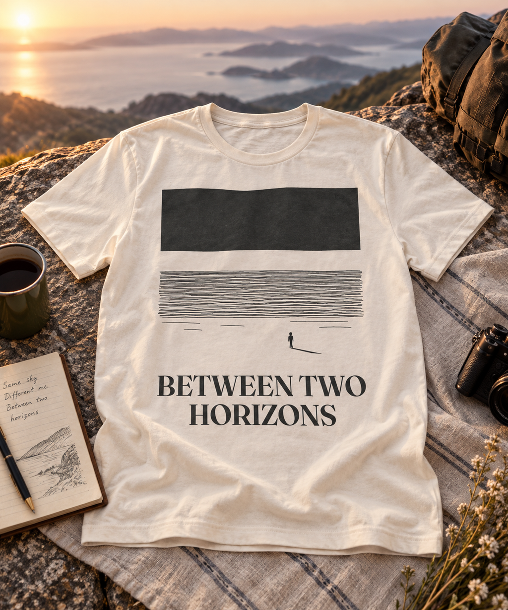 Between Two Horizons — Light T-shirt with the front artwork on a contextual background. Daily Elsewhere.