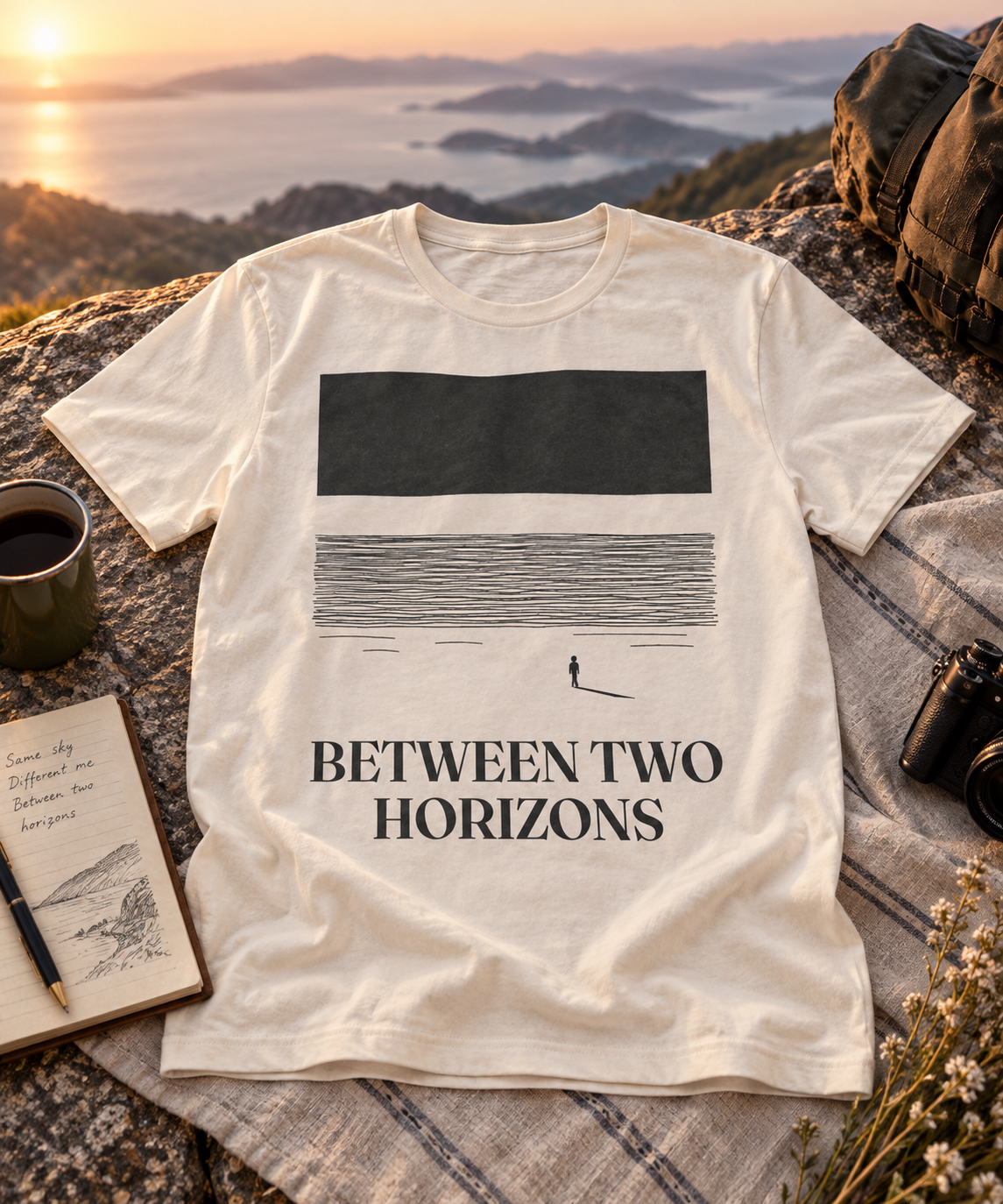 Between Two Horizons — Light T-shirt with the front artwork on a contextual background. Daily Elsewhere.