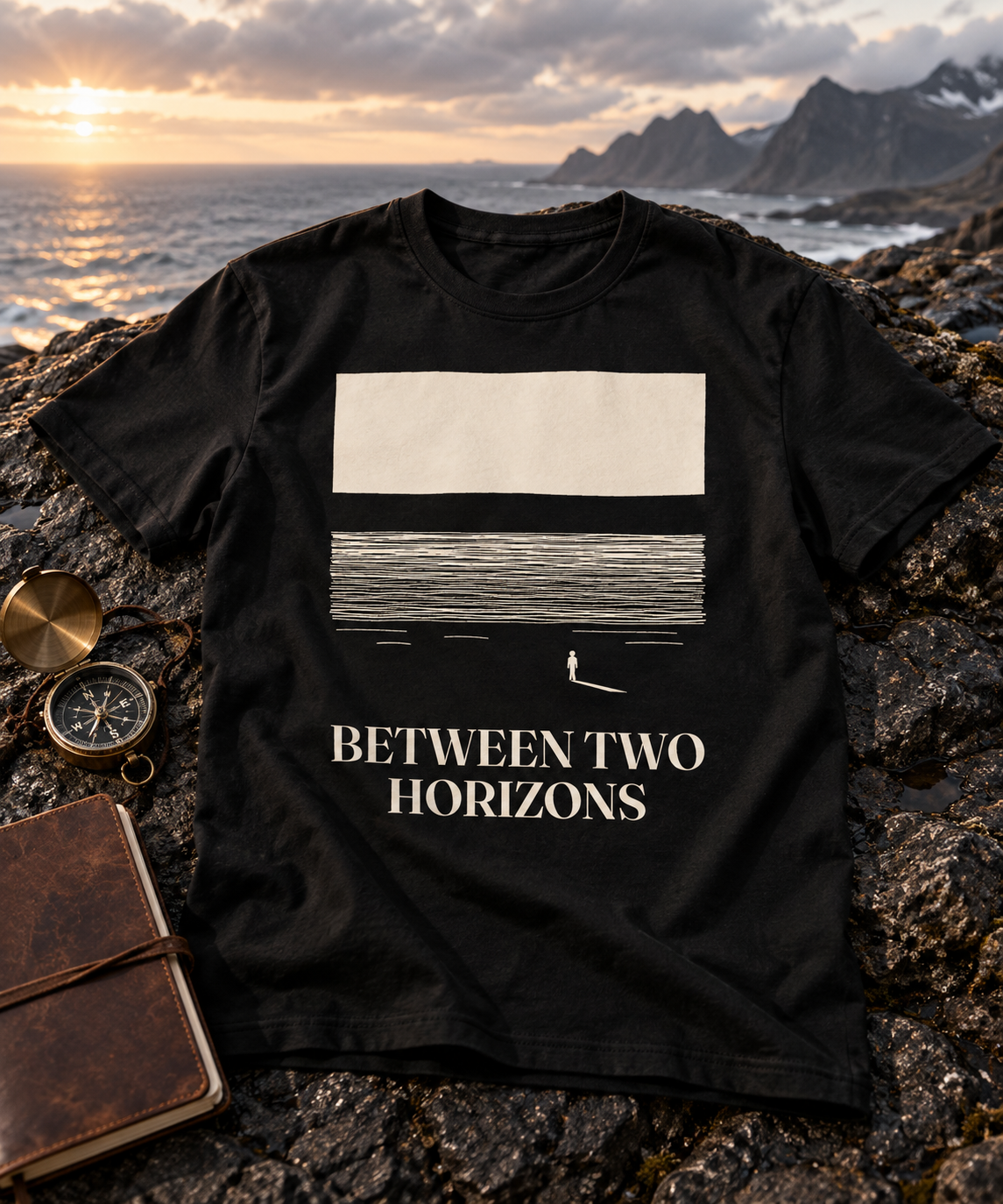 Between Two Horizons — Female model wearing a dark T-shirt with light front artwork. Daily Elsewhere.