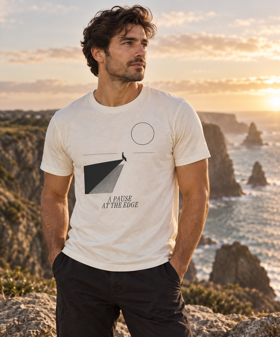 A Pause at the Edge — Male model wearing a dark T-shirt with light front artwork. Daily Elsewhere.