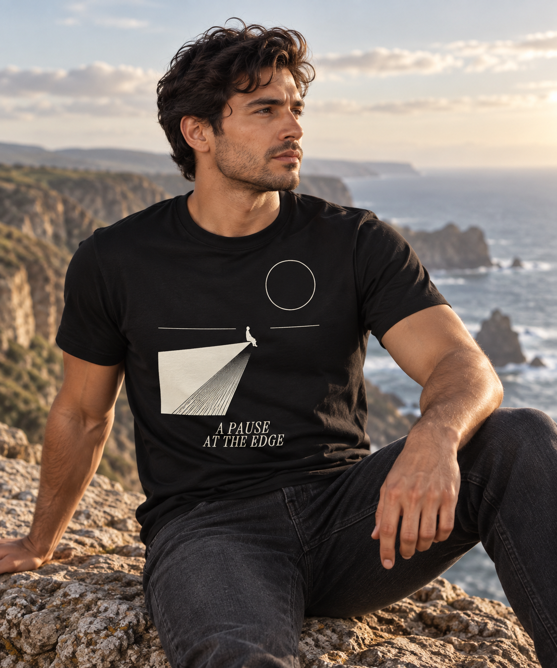 A Pause at the Edge — Female model wearing a light T-shirt with the front artwork. Daily Elsewhere.