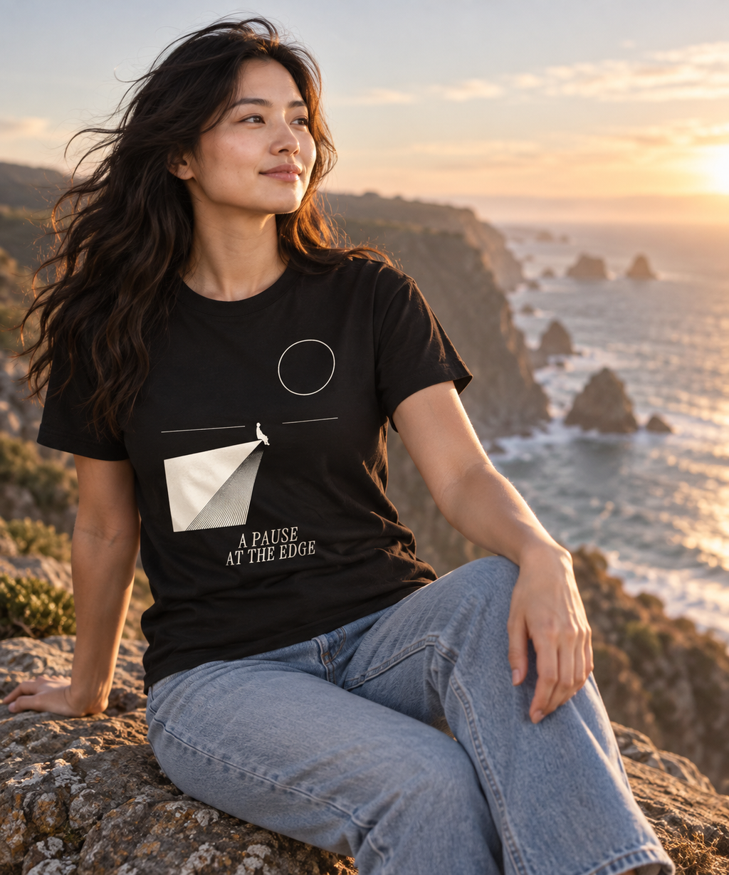 A Pause at the Edge — Dark T-shirt with light front artwork on a contextual background. Daily Elsewhere.