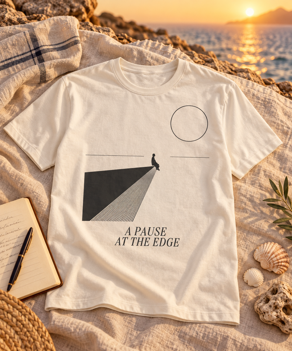 A Pause at the Edge — Light T-shirt with the front artwork on a contextual background. Daily Elsewhere.