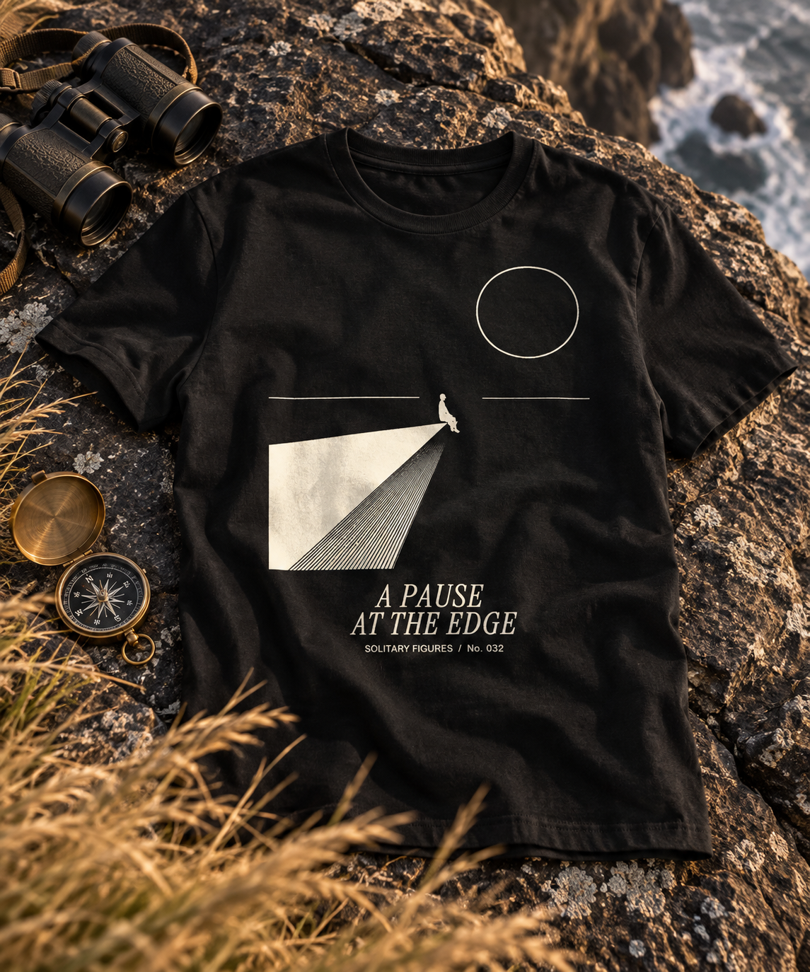 A Pause at the Edge — Female model wearing a dark T-shirt with light front artwork. Daily Elsewhere.