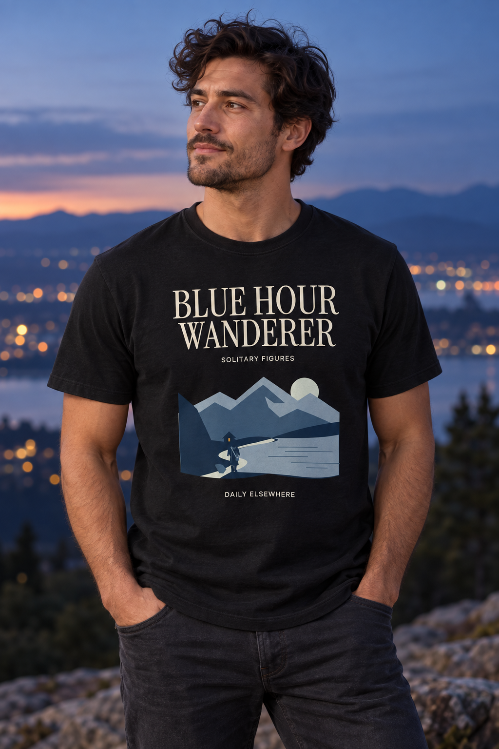 Blue Hour Wanderer — Female model wearing a light T-shirt with the front artwork. Daily Elsewhere.