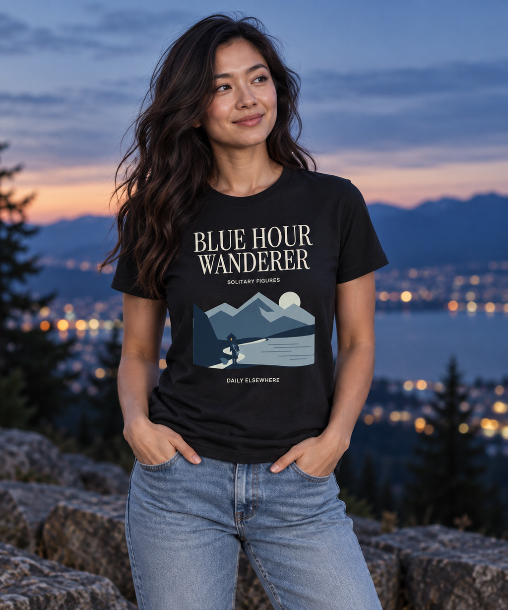 Blue Hour Wanderer — Dark T-shirt with light front artwork on a contextual background. Daily Elsewhere.