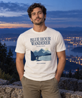 Blue Hour Wanderer — Male model wearing a light T-shirt with the front artwork. Daily Elsewhere.
