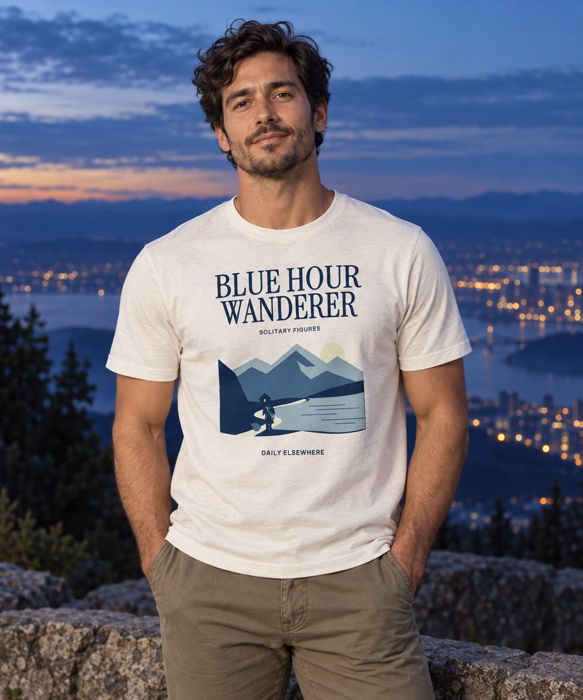 Blue Hour Wanderer — Male model wearing a light T-shirt with the front artwork. Daily Elsewhere.