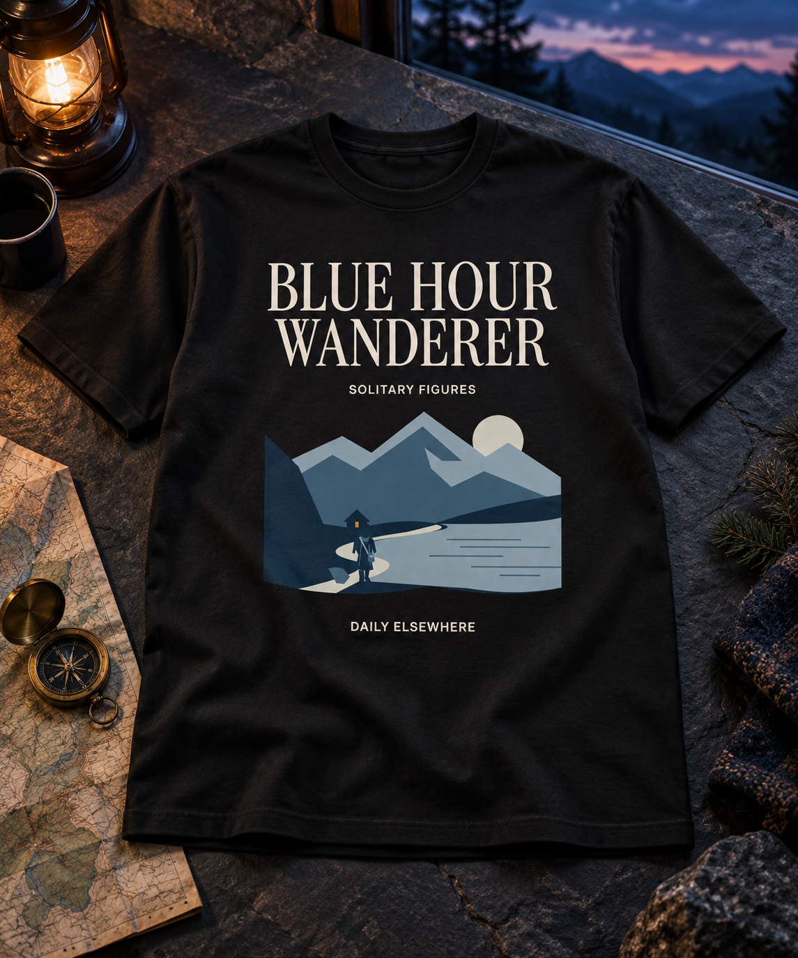Blue Hour Wanderer — Light T-shirt with the front artwork on a contextual background. Daily Elsewhere.