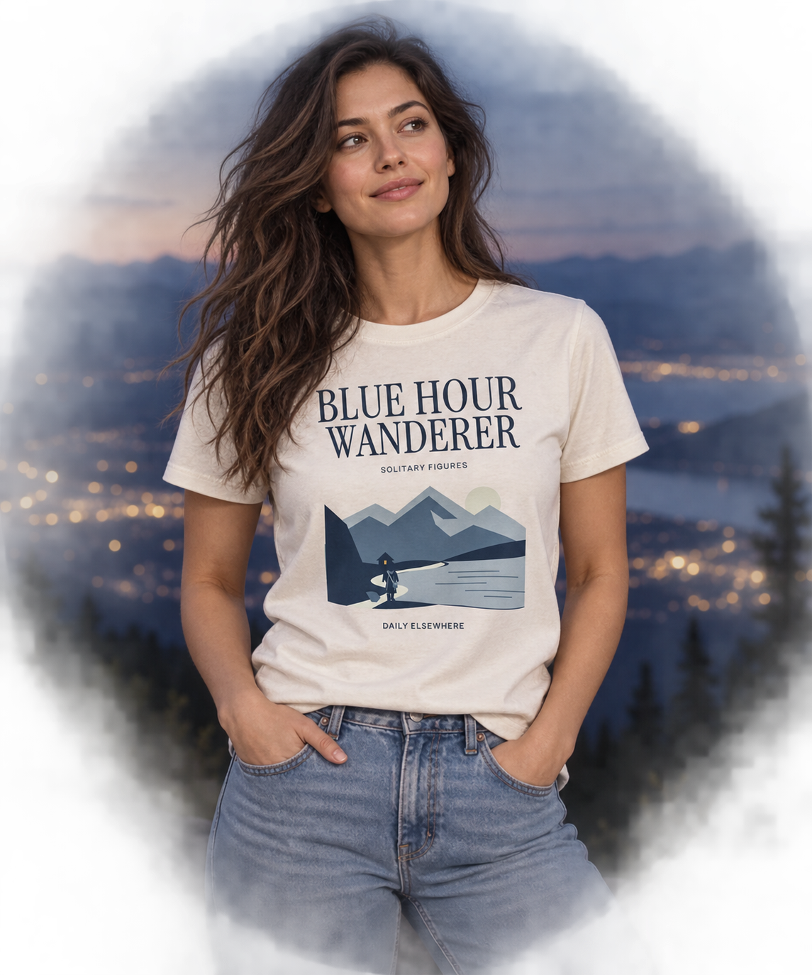 Blue Hour Wanderer — Male model wearing a dark T-shirt with light front artwork. Daily Elsewhere.