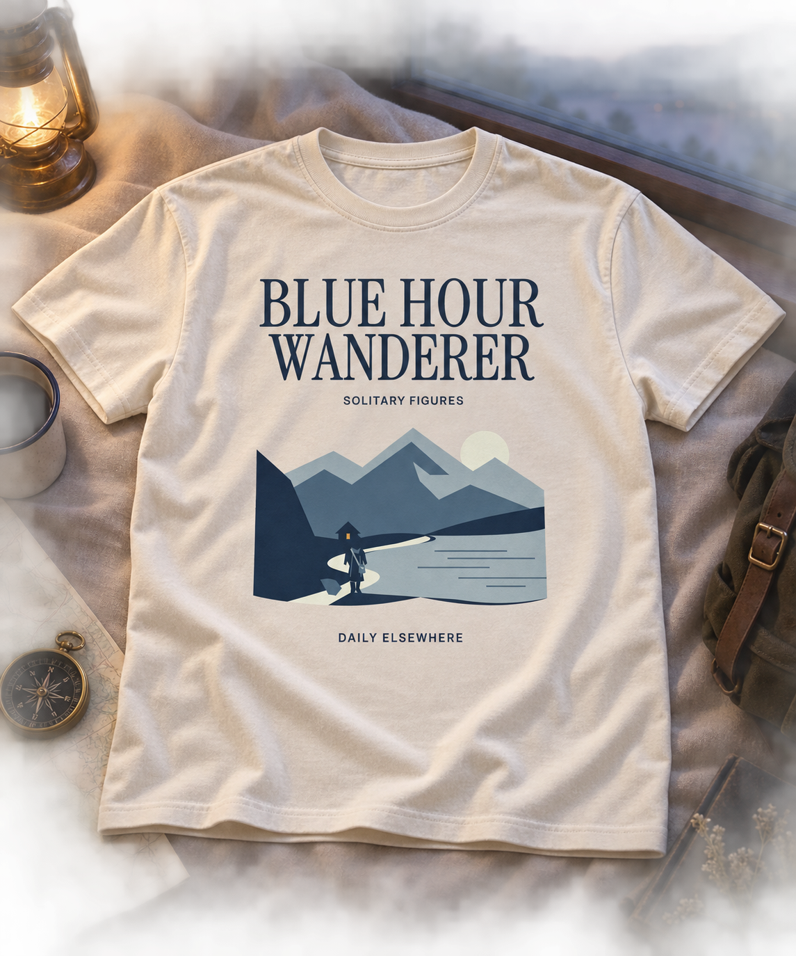 Blue Hour Wanderer — Female model wearing a dark T-shirt with light front artwork. Daily Elsewhere.