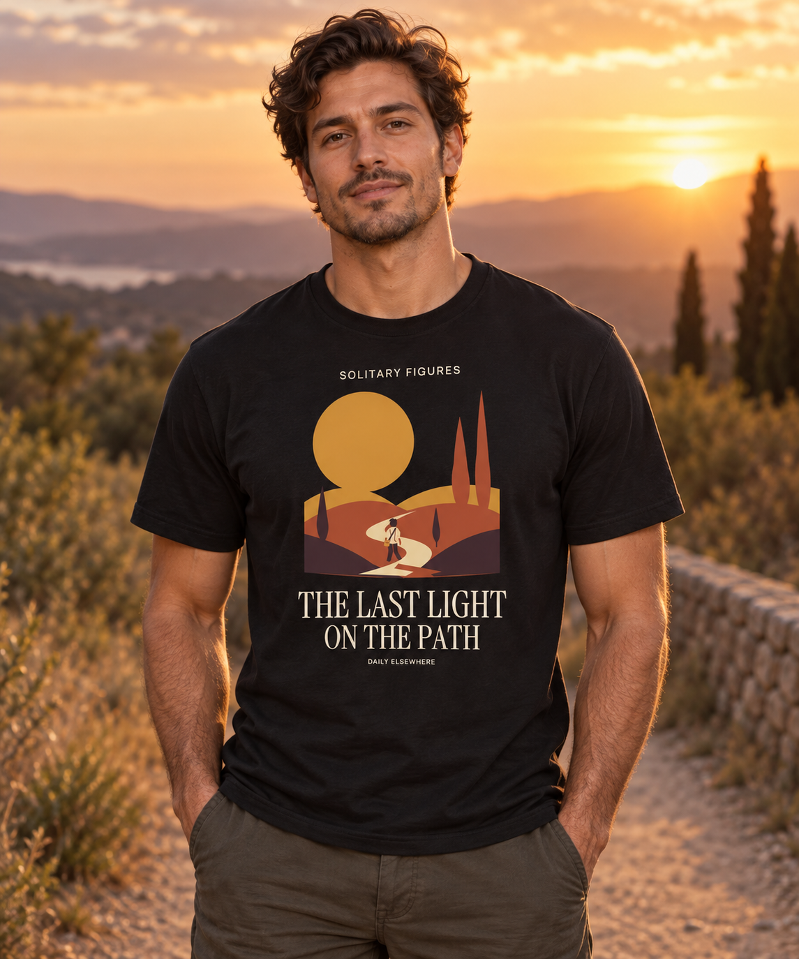The Last Light on the Path — Male model wearing a dark T-shirt with light front artwork. Daily Elsewhere.