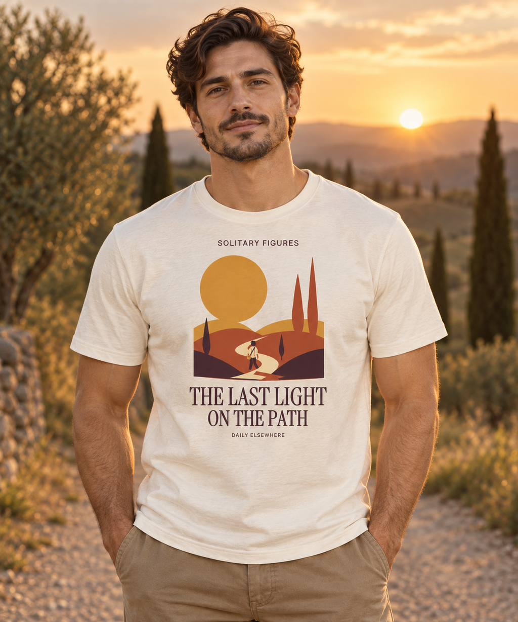 The Last Light on the Path — Male model wearing a light T-shirt with the front artwork. Daily Elsewhere.