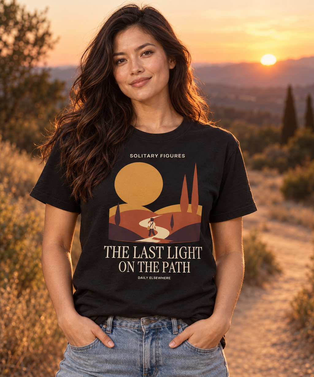The Last Light on the Path — Female model wearing a dark T-shirt with light front artwork. Daily Elsewhere.