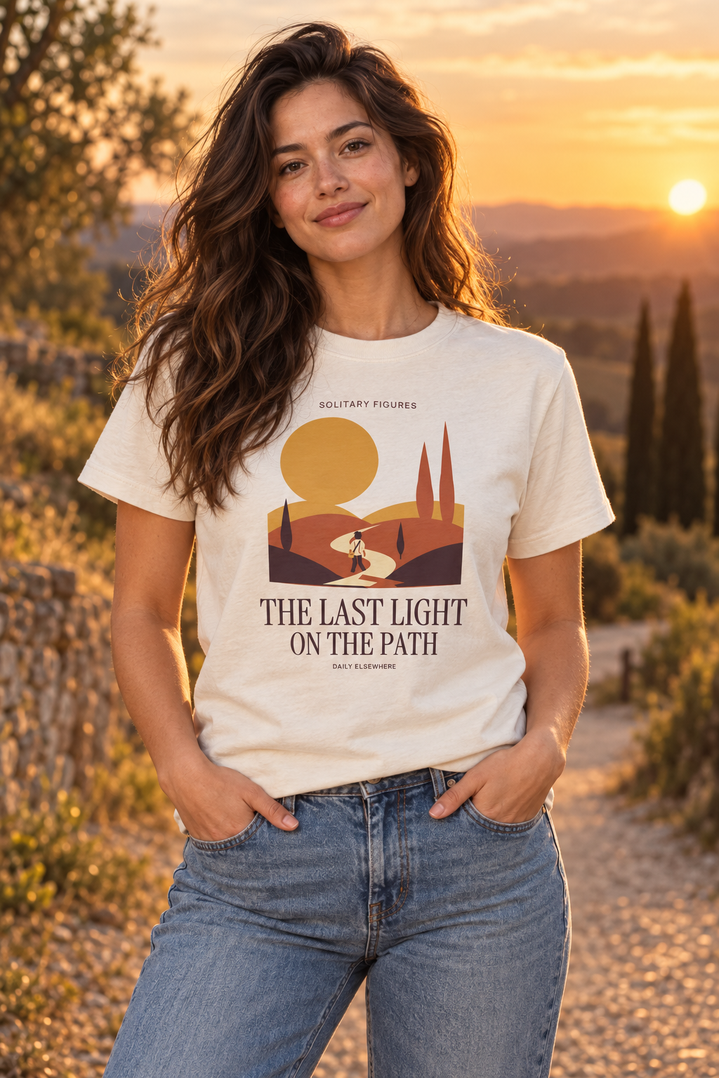 The Last Light on the Path — Female model wearing a light T-shirt with the front artwork. Daily Elsewhere.