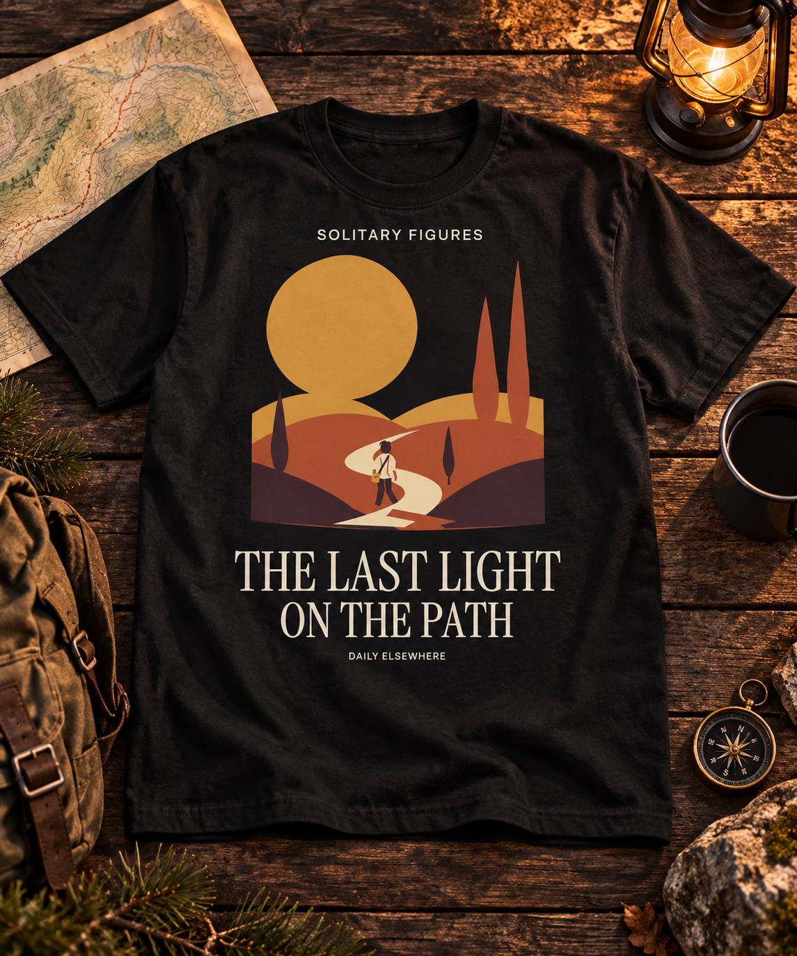 The Last Light on the Path — Dark T-shirt with light front artwork on a contextual background. Daily Elsewhere.