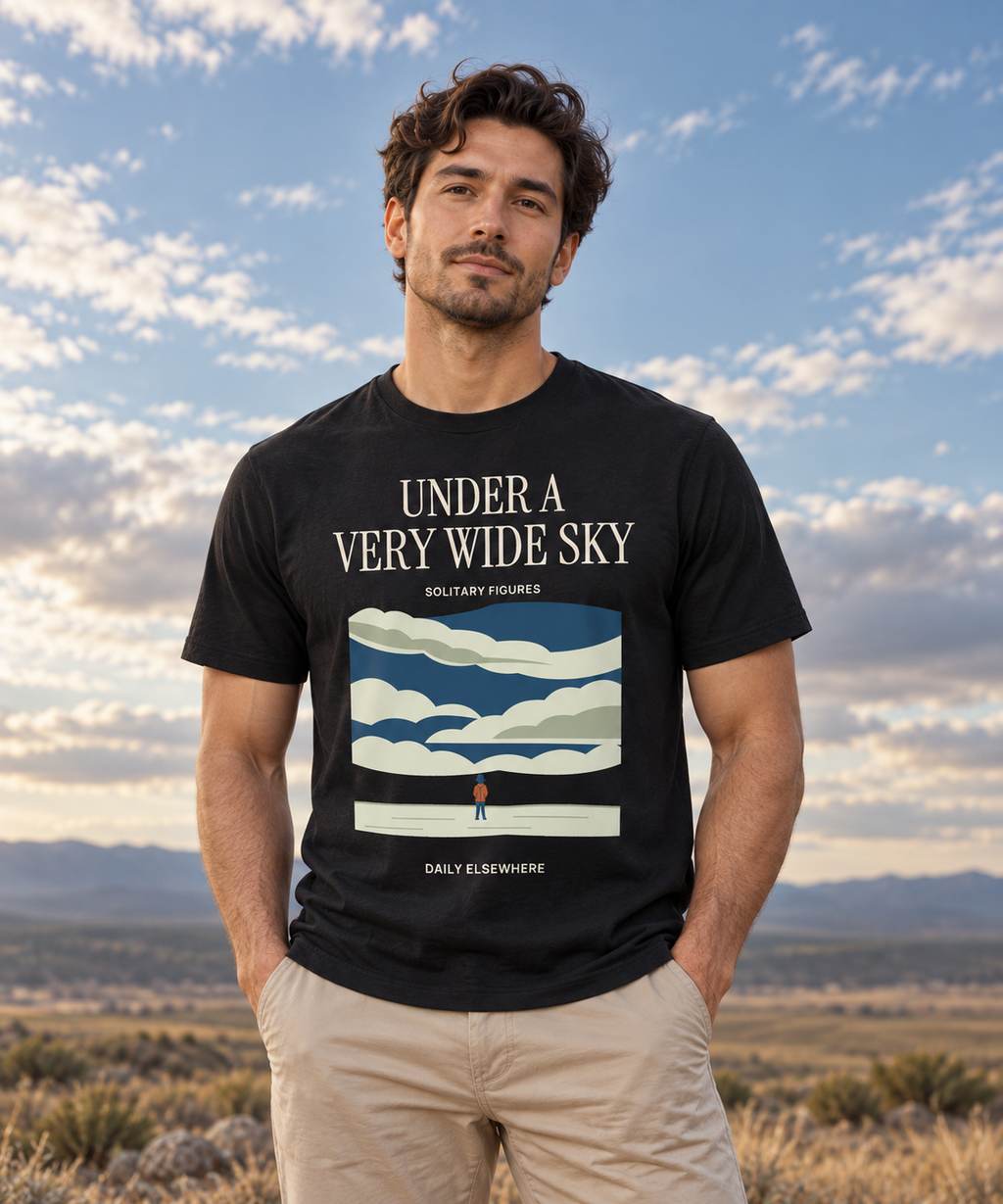 Under a Very Wide Sky — Female model wearing a light T-shirt with the front artwork. Daily Elsewhere.