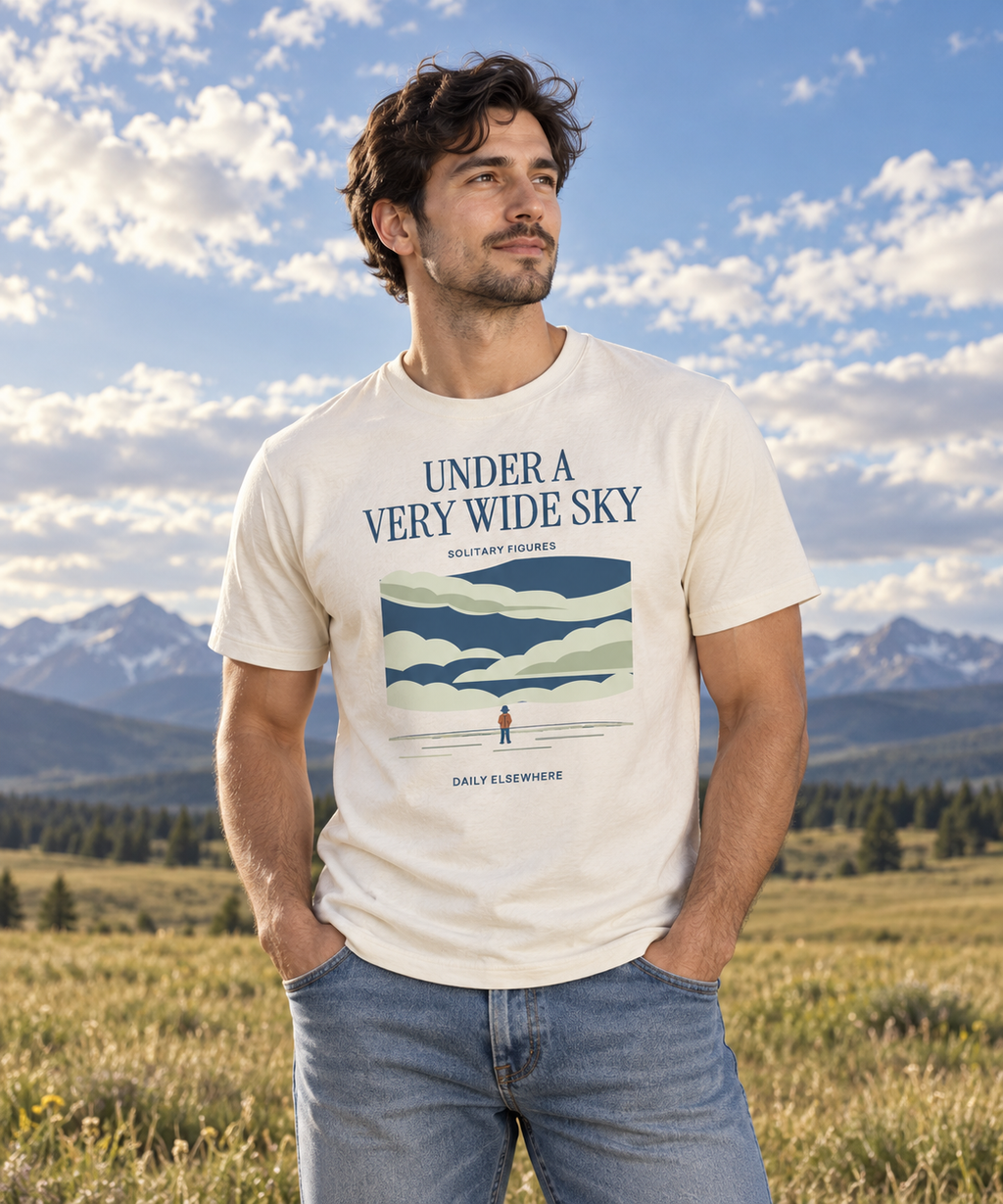 Under a Very Wide Sky — Male model wearing a light T-shirt with the front artwork. Daily Elsewhere.
