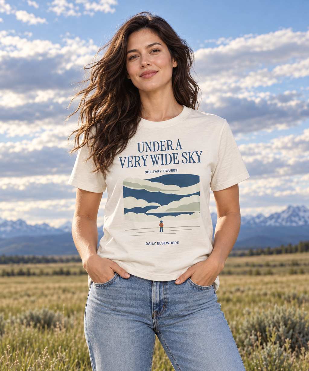 Under a Very Wide Sky — Male model wearing a dark T-shirt with light front artwork. Daily Elsewhere.