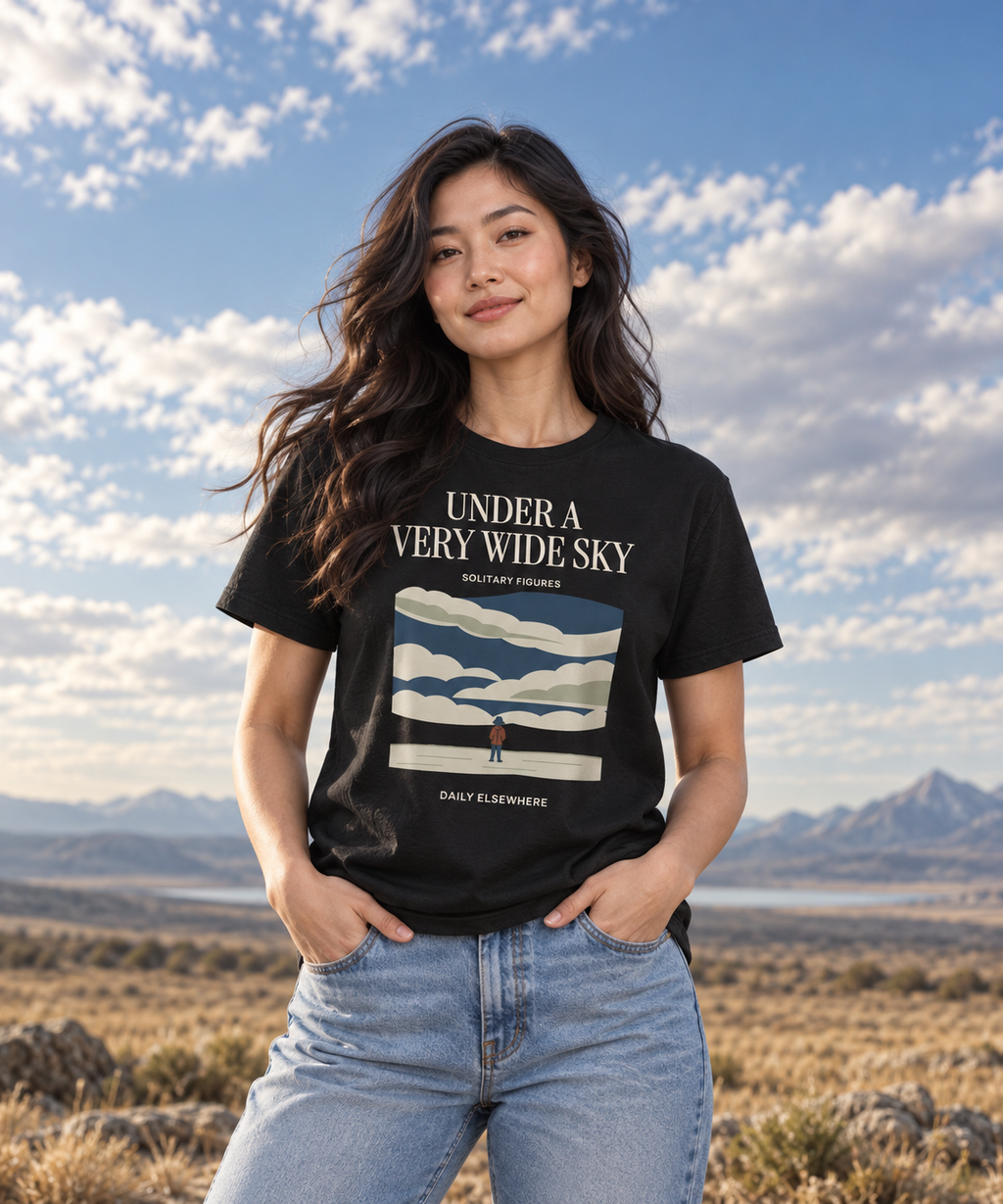 Under a Very Wide Sky — Female model wearing a dark T-shirt with light front artwork. Daily Elsewhere.