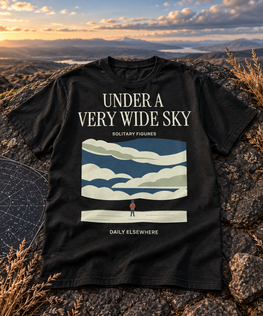 Under a Very Wide Sky — Dark T-shirt with light front artwork on a contextual background. Daily Elsewhere.