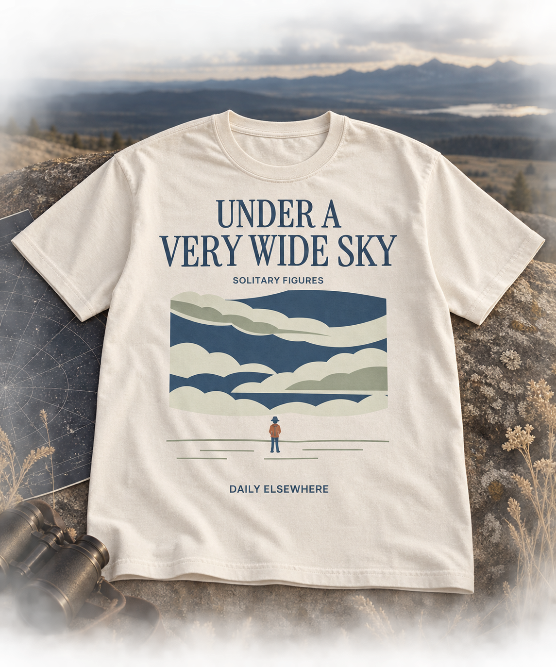 Under a Very Wide Sky — Light T-shirt with the front artwork on a contextual background. Daily Elsewhere.