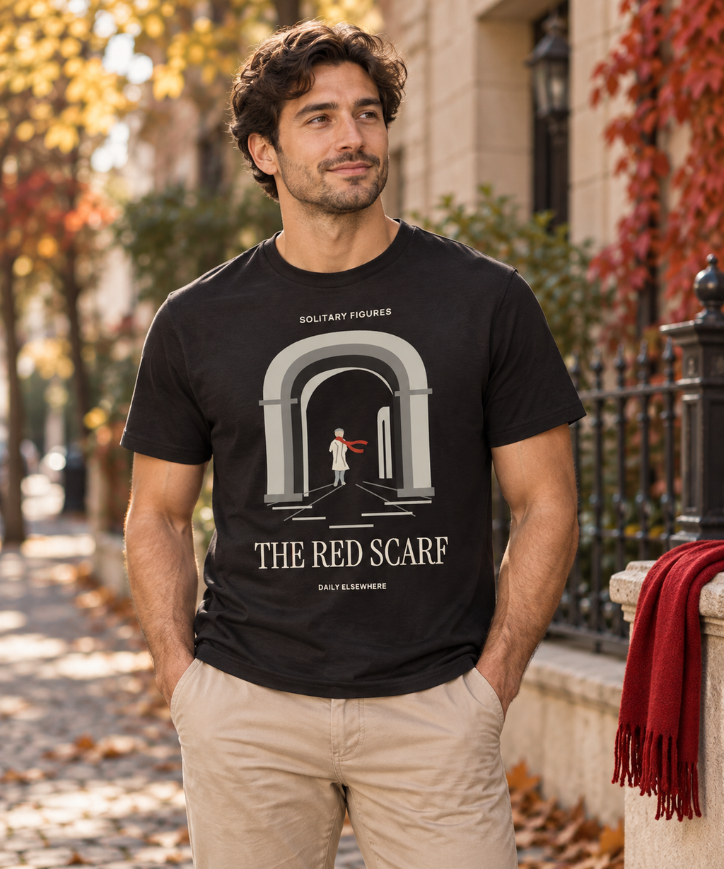 The Red Scarf — Female model wearing a dark T-shirt with light front artwork. Daily Elsewhere.