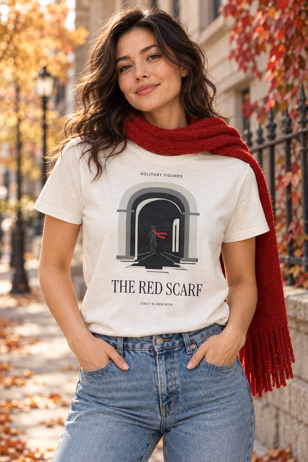 The Red Scarf — Female model wearing a light T-shirt with the front artwork. Daily Elsewhere.
