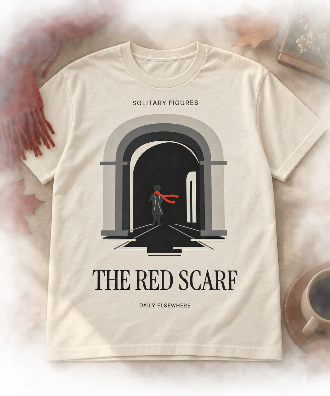 The Red Scarf — Dark T-shirt with light front artwork on a contextual background. Daily Elsewhere.