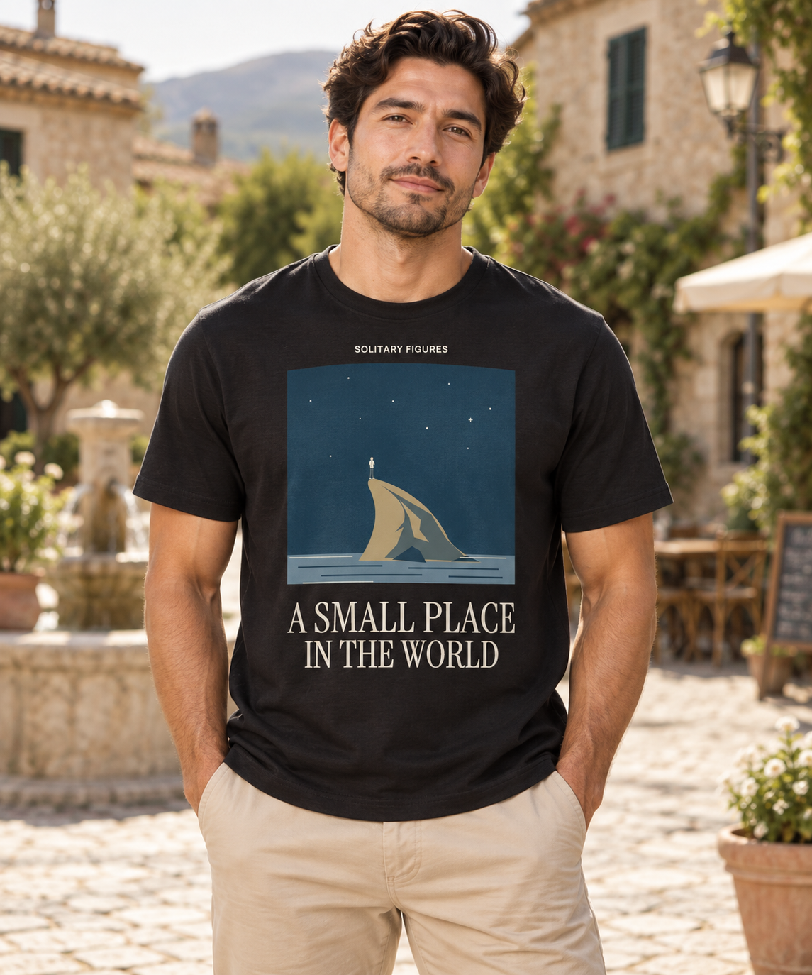 A Small Place in the World — Female model wearing a dark T-shirt with light front artwork. Daily Elsewhere.