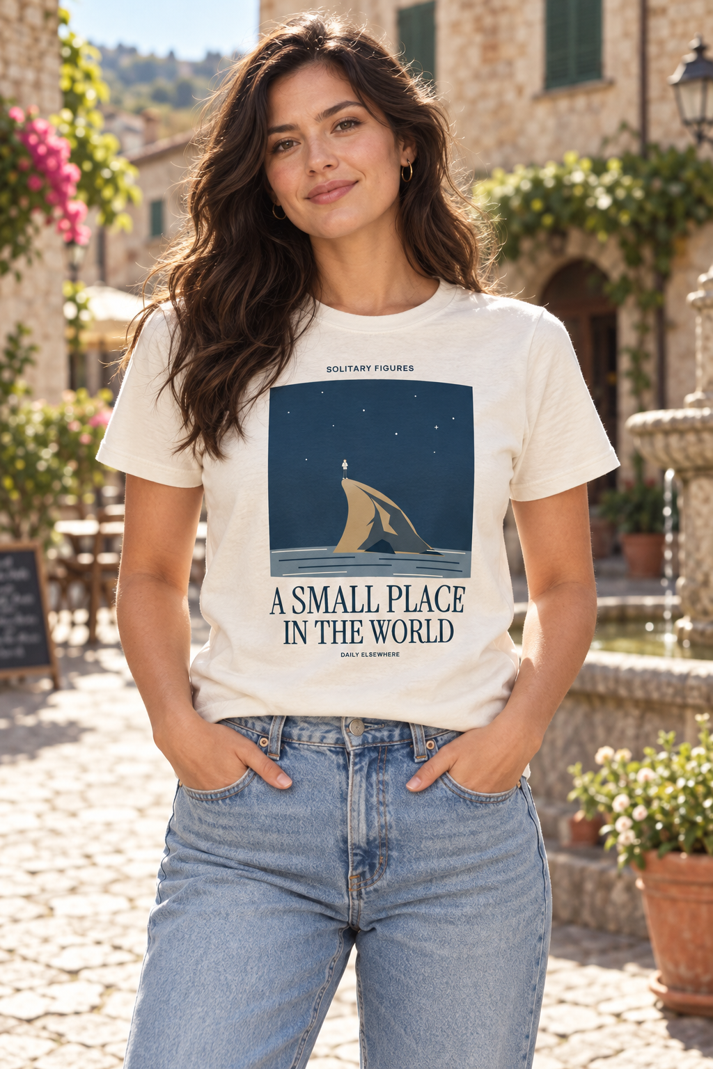 A Small Place in the World — Female model wearing a light T-shirt with the front artwork. Daily Elsewhere.