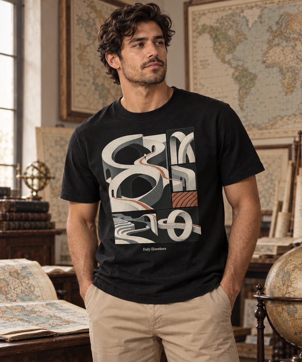 Irregular Atlas — Male model wearing a dark T-shirt with light front artwork. Daily Elsewhere.