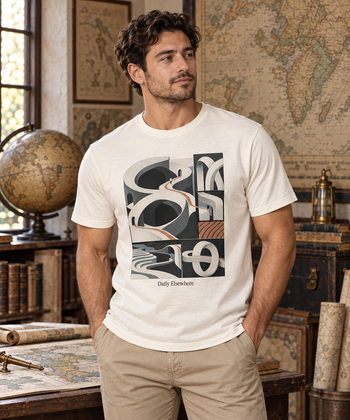 Irregular Atlas — Female model wearing a light T-shirt with the front artwork. Daily Elsewhere.