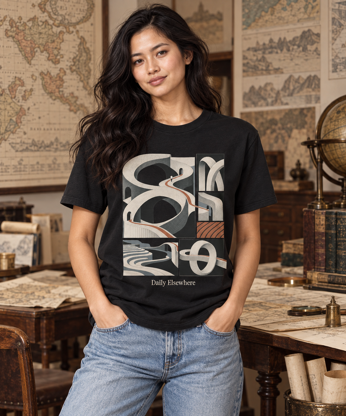 Irregular Atlas — Female model wearing a dark T-shirt with light front artwork. Daily Elsewhere.