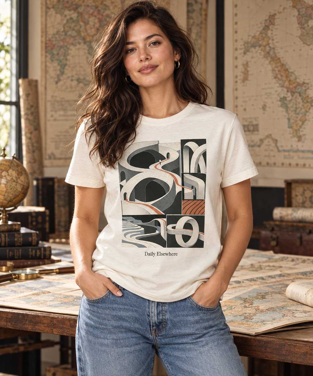 Irregular Atlas — Male model wearing a light T-shirt with the front artwork. Daily Elsewhere.